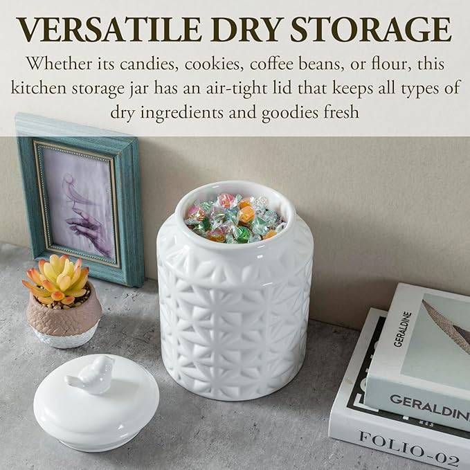 MyGift 6 Inch Round White Ceramic Cookie Jar with Airtight Lid and Bird Shape Top Handle, Vintage Style Kitchen Canister with Embossed Geometric Star Pattern