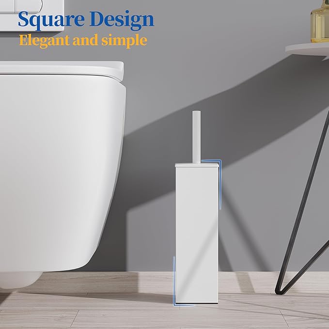 RUACQ Toilet Brush and Holder Set,Square Toilet Bowl Brush for Bathroom with 304 Stainless Steel Handle Toilet Cleaner Brush with Durable Scrubbing Bristles,Splash-Proof (White)