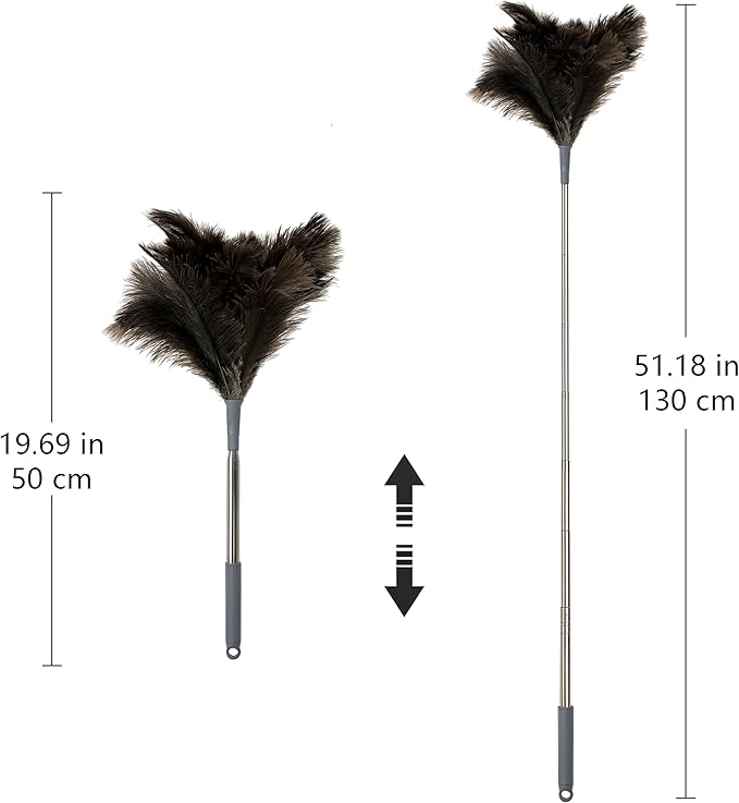Extendable Ostrich Feather Duster – 51" (1.3 m) Long Reach Telescopic Handle Cleaning Tool, Natural Soft Feather Dusting Brush, Reusable and Durable for Furniture, Blinds, Ceiling Fans, High Shelves