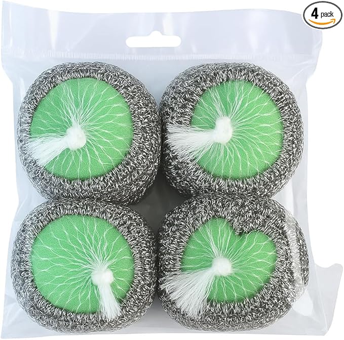 Amazon Brand | Pack of 4 | Ring King Stainless Steel-Wrapped Sponge Scrubbers | Heavy Duty Scouring Pads - Individually Wrapped for Dishes Pots, Pans, and Ovens