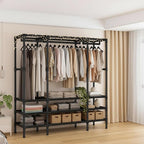 Portable Closet,Garment Rack,Heavy Duty Clothes Rack with Cover,Wardrobe Closet with 2 Hanging Rods, 6 Storage Shelves,43.3" L x 17.7" W x 67.7" H,Black