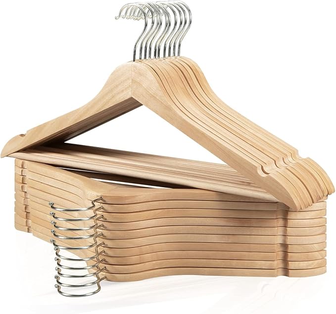 Edergoo Wooden Hangers 20 Pack, Durable Wood Hangers with 360° Swivel Hook & Notches, Slim Coat Hanger Wooden for Closet, Natural
