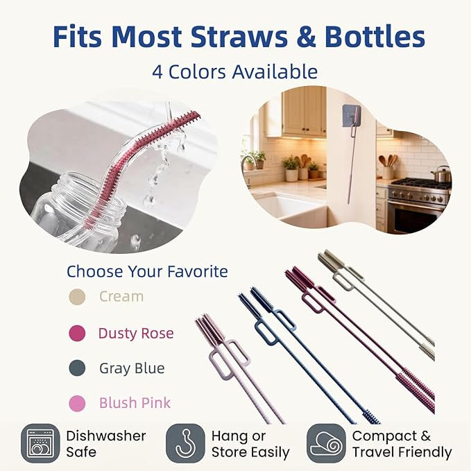 2-in-1 Dual-Head Straw Brush, Premium Silicone Cleaning Brush for Straws & Lid Gaps, Long Flexible for Tumblers & Bottles, Non-Slip Handle, No-Scratch, 2 Pack (6mm & 9mm), Durable & Reusable（Gray