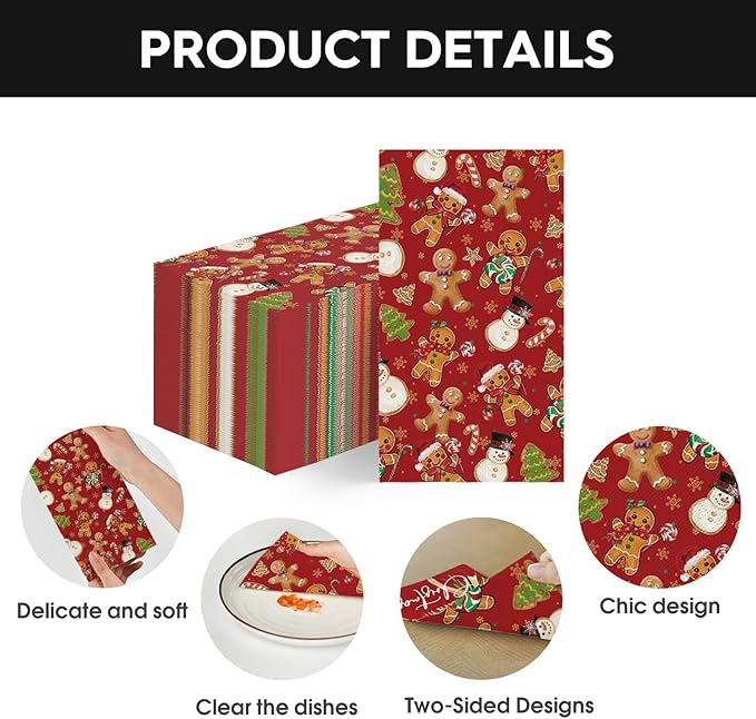 Horaldaily 50 Christmas Disposable Paper Decorative Guest Napkins, Gingerbread Man Hand Towel for Party Lunch Dinner Kitchen Bathroom