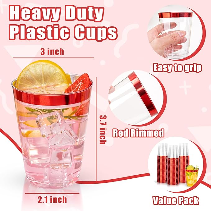 DaYammi 100 Pack Red Plastic Cups 10 Oz Clear Red Rimmed Plastic Cups for Party Fancy Disposable Cup for Wedding Disposable Glasses Clear Tumblers with Rim for Christmas Elegant Wine Cocktail Cup
