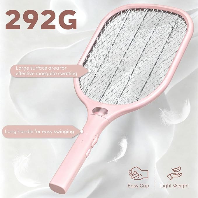 Electric Fly Swatter Racket 3000V Bug Zappers, Mosquito Zappers USB Rechargeable, 1200mAh Mosquitoes Killer Lamp & Fly Zappers with 3 Layer Safety Mesh for Home, Bedroom, Kitchen, Patio (2Pack-Pink)