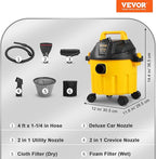 VEVOR 2.6 Gallon 2.5 Peak HP Wet and Dry Shop Vac， Portable Shop Vacuum and Blower 3-in-1 with Filter, Hose and Attachments for Home and Car Cleaning Black/Yellow