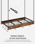 CHOEZON Hanging Pot Rack, Vintage Pot Hangers for Kitchen, Ceiling Mounted Pot Rack, Pot and Pan Hanging Rack with 12 S-Shaped Hooks, for Cookware Storage, Rustic Brown and Black TPR01BF