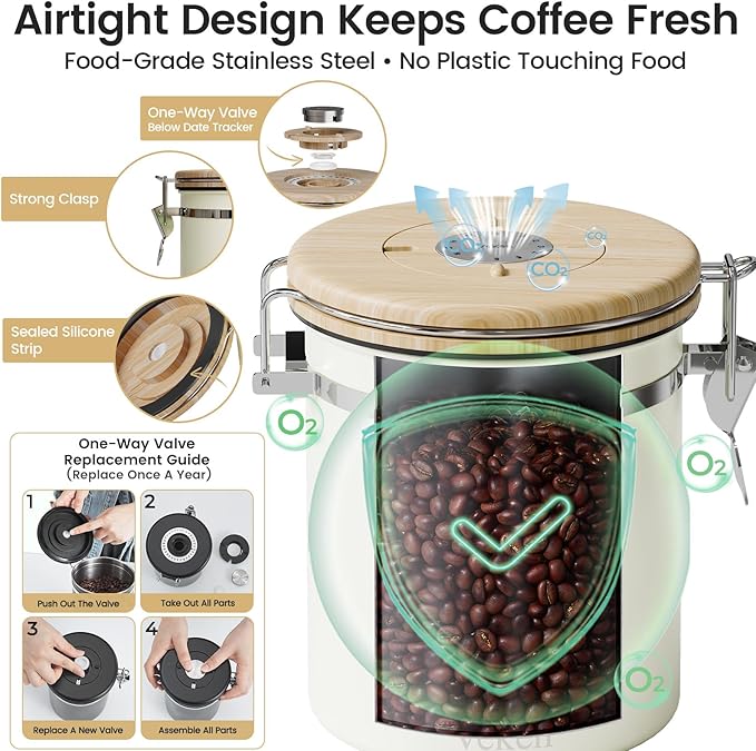 Veken Coffee Sugar Canister with Window, Airtight Stainless Steel Kitchen Food Storage Container with Lids, Date Tracker and Scoop for Grounds Coffee, Beans, Tea, Flour, Cereal Jars, 16OZ, Cream