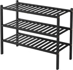 ROMGUAR CRAFT 3 Tier Bamboo Shoe Rack for Closet Free Standing Wood Shoe Shelf Storage Organizer for Entryway Small Space Stackable 27"x11"x20" (Black)