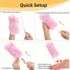 Heavy Duty Duster Refills, Disposable Dusters Kit for Cleaning Dusting Furniture Blind Ceiling Fan, Multi Surface 360 Feather Duster(10)+3FT Extended Handle（1） (Pink)