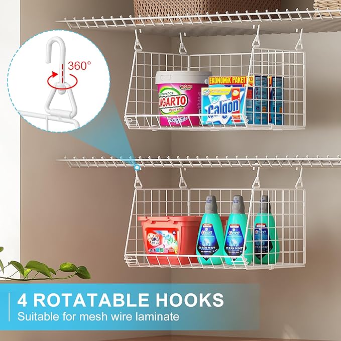 3-Tier Hanging Laundry Basket Organizer：Foldable Wire Shelf Laundry Room Organizer with 360°Rotating Hooks Small Space Solutions Closet Hanging Organizer - Laundry Organization, White Patent