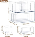 Clear Plastic Storage Bins with Dividers for Kitchen Pantry Organization, 3 Pack Large Thicken Stackable Storage Drawer Boxes for Refrigerator Cabinets Vanity Organizers and Storage, C6-2