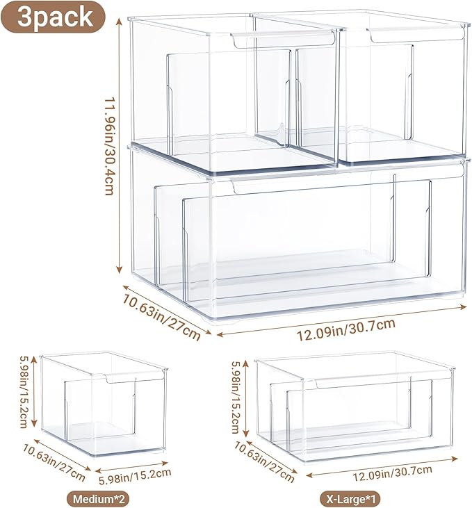 Clear Plastic Storage Bins with Dividers for Kitchen Pantry Organization, 3 Pack Large Thicken Stackable Storage Drawer Boxes for Refrigerator Cabinets Vanity Organizers and Storage, C6-2