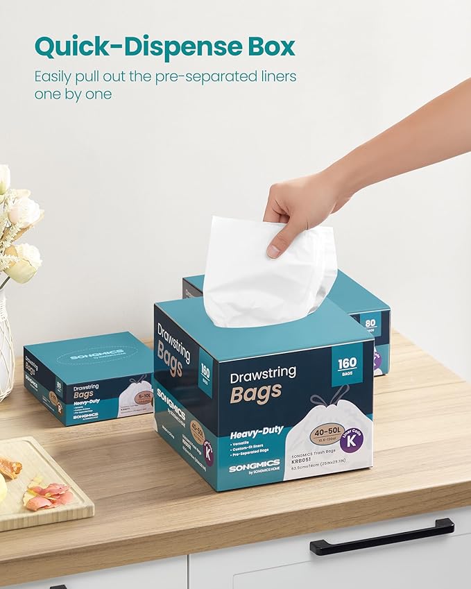 SONGMICS Trash Bags for 13-Gallon (50 L) Trash Cans, Drawstring Kitchen Garbage Bags, Pre-Separated, Quick-Dispense Box, Liner Code K, 4 Rolls, 160 Count, White UKRB051A04