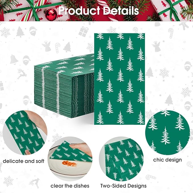 Horaldaily 100 Christmas Disposable Paper Decorative Guest Napkins, Green Xmas Trees Hand Towel for Party Lunch Dinner Kitchen Bathroom