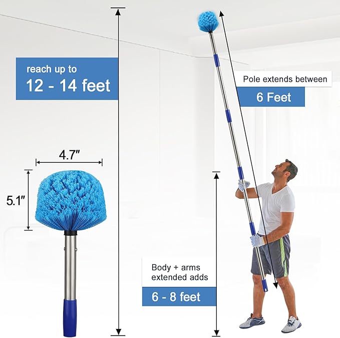 Duster, Cobweb Duster with Extension Pole, Medium Stiff Bristles Cobweb Duster Head & 6-Feet Stainless Steel Pole Ceiling Fan Duster for Outdoor Indoor Cleaning