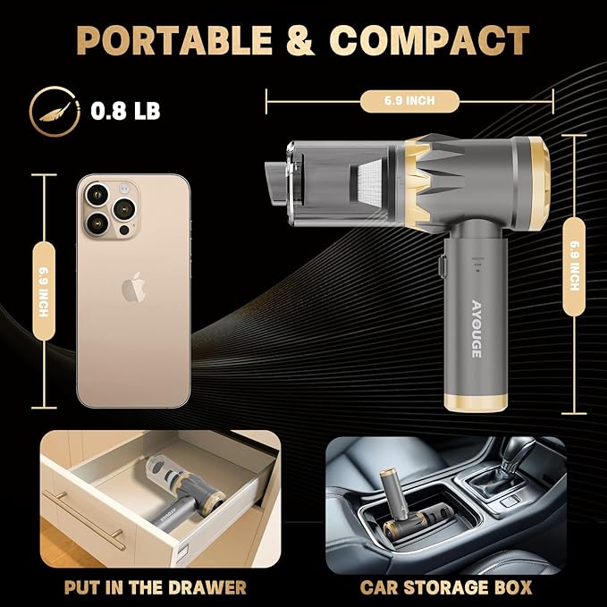 Car Vacuum Portable Cordless, 20000PA High Power Vacuum Cleaner, Brushless Motor, 3-Speed Modes, 4 in 1 Compressed Air Duster, Air Blower, Pump Handheld Vacuum for Car, Home, Office, Camping - Grey