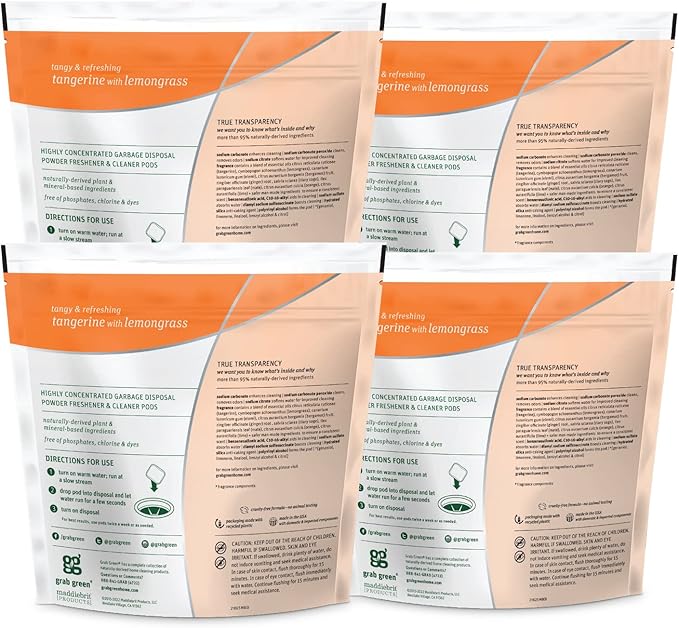 Grab Green Garbage Disposal Freshener and Cleaner Pods, 48 Count, Tangerine Lemongrass Scent, Plant and Mineral Based, Removes Odors, Loosens Grime, Prevents Clogging