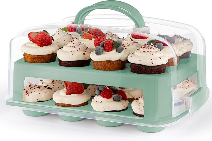 MosJos EXTRA TALL DOME 24 Cupcake Carrier, Green Cupcake Holder Carries 24 Cupcake Storage Container, Muffin Traveler Two Tier Stand Reusable Cupcake Box