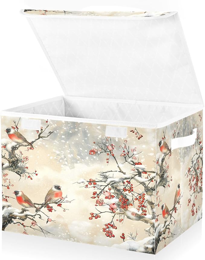 Large Storage Bins with Linen Collapsible Foldable Storage Cubes Fabric Closet Organizer Containers box with Flip-Top Lid for Home Bedroom Office 16.7 x 12.6 x 11.8in (Pattern Color Bird Tree Fruit)