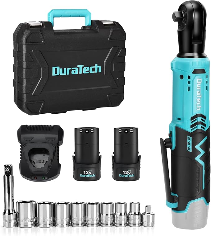 DURATECH Cordless Electric Ratchet Wrench Set, 48 Ft-lbs 3/8" 12V Power Ratchet Wrench with 2PCS 2.0Ah Li-Ion Battery, 1 Hour Fast Charger, 8PCS Sockets, Extension Bar, Adaptor, Variable Speed Trigger