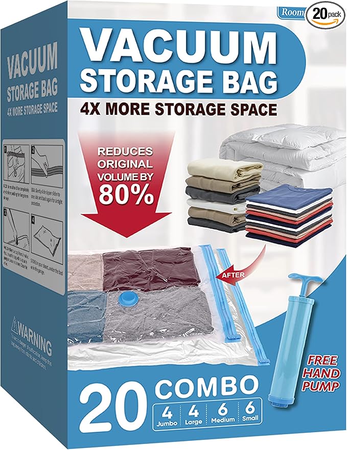 Roomimaster Vacuum Storage Bags, Vacuum Seal Space Saver Bags for Clothing, Travel Lugggage, Carry-on, Blankets, Comforters, Pillow, Bedding, 20 Combo