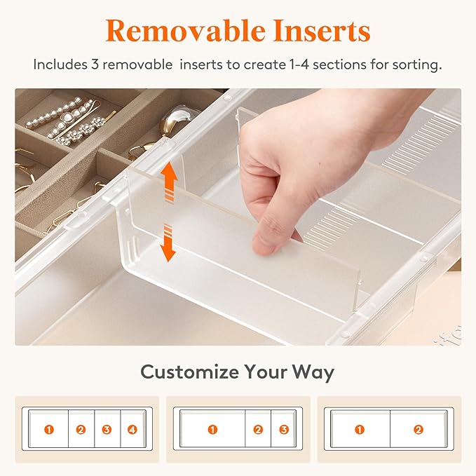 Lifewit 2 Pack Sliding Makeup Drawer Organizer Trays with Inserts, Extendable Hanging Desk Drawer Divider, Fits 13-20" Deep Drawers for Vanity, Office, Kitchen, Translucent