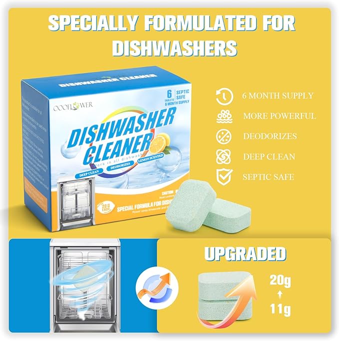 6-Pack Dishwasher Detergent and Deodorizer Tablets with Kitchen Sponge, Deep Clean Formula, Dishwasher Safe, Removes Scale, Odors, and Hard Water Residue (Lemon Scent)
