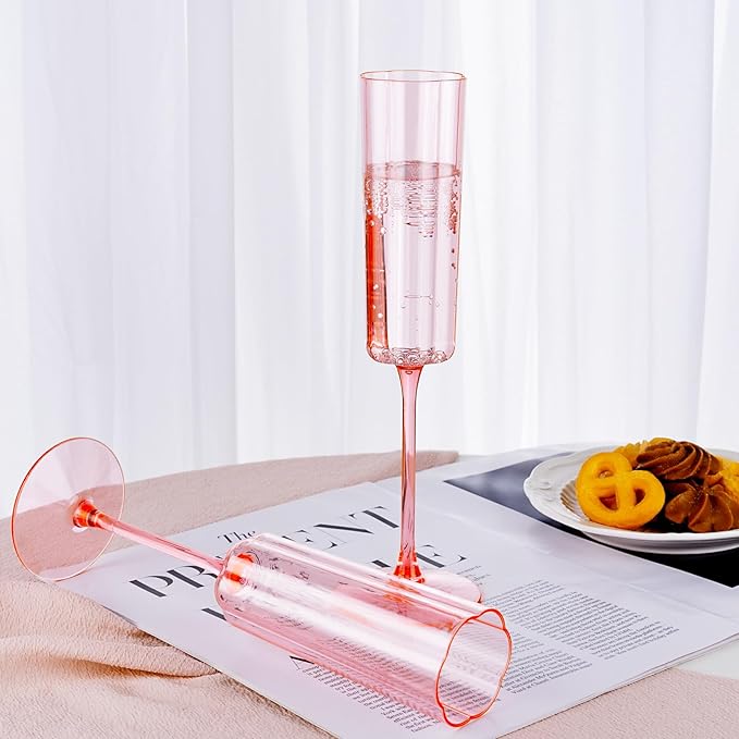 Ciaell 24 Pack Pink Plastic Champagne Flutes - 6 Oz Flower Wavy Champagne Glasses - Heavy Duty Vintage Disposable Glassware for Party & Anniversary & Wedding