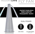 Fly Fans for Tables by Modern Lyfe - AA Battery & USB Powered - Fly Swatter Outdoor Camping Accessory Or for Food at Parties, Restaurants & Picnics, Bug Fan, Spinner Keeps Flies Away (2 Pack - Grey)