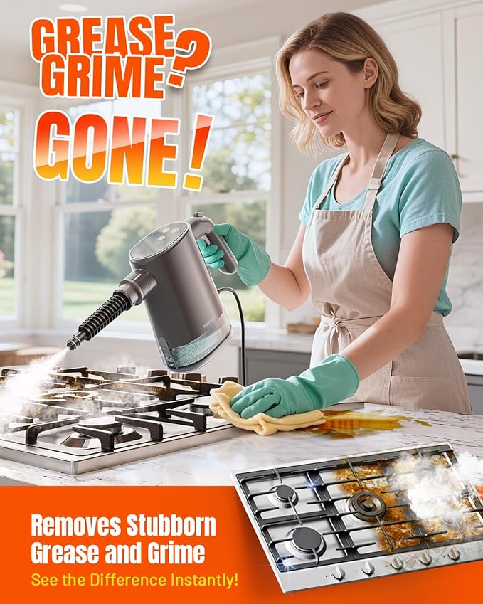 TEEVOGO Handheld Steam Cleaner for Home, Portable Steamer Cleaner with 12 Accessories, 15S Fast Heat Up, Steam Adjustable, Steamer for Cleaning Grout, Floor, Kitchen, Bathroom, Windows, Black