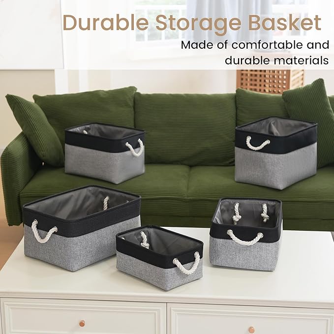 Storage Baskets for Shelves 13.8x9.8x6.7 Inch-Foldable Fabric Organizing Storage Bins with Handles, Closet & Bathroom Organizer, Home Storage for Kitchen, Office (3-Pack, Black&Gray)
