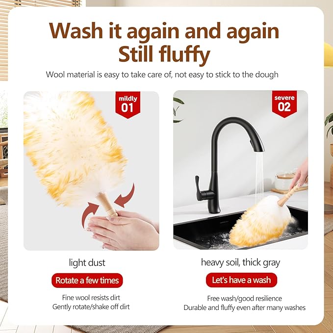 Lambswool Duster for Cleaning with Solid Wooden Handle Leather Hang Strap 19.6 inch Natural Feather Duster for Cleaning Ceiling Fans Window Blinds Computer Furniture(2 Pack)
