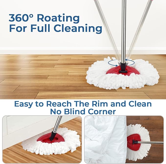 Matthew Spin Mop Replace Head Kit,Base,Handle Compatible with EasyWring Microfiber Spin Mop,2 Mop Refills Replacement Heads,30-58in Mop Handle and 1 Mop Base Combo Set White (1-Tank System)