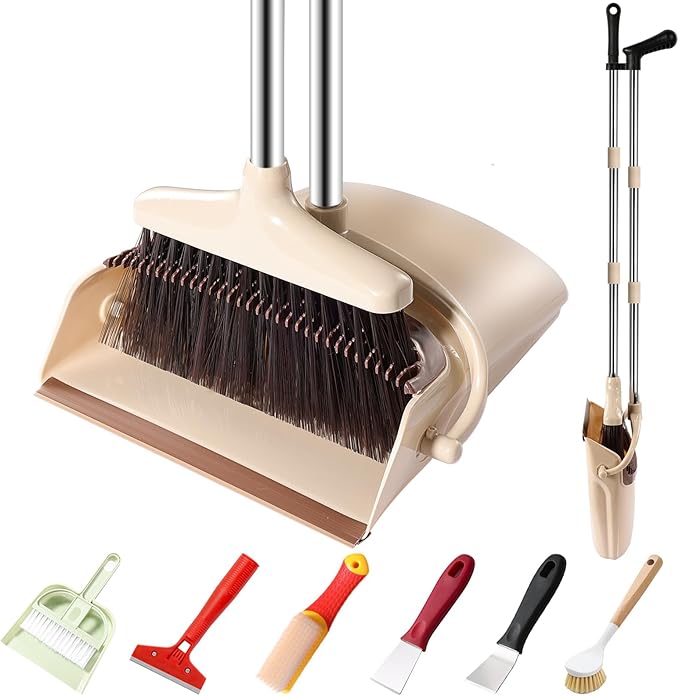 Broom and Dustpan Set with Long Handle – Upright Standing Broom Combo with Self-Cleaning Teeth & Windproof Dustpan, Floor Sweeper for Home, Kitchen, Pet Hair, Indoor Outdoor Use