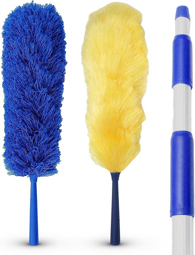 Feather Microfiber Plus Nylon Static Cobweb Duster | Reach Up To 20 Feet | Extendable 3 Tier Ceiling Fan Webster Duster Kit | Aluminum Extension Pole With Threaded Tip | U.S. Duster Co