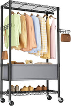 Heavy Duty Clothes Rack Rolling Garment Rack,3 Tier Adjustable Wire Shelving Clothing Racks for Hanging Clothes with Double Rods&Side Hooks,Freestanding Wardrobe Storage Rack Metal Portable Closet