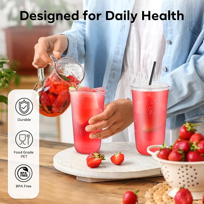 100 Pack 20 oz Clear Plastic Cups with Flat Lids and Straws, Disposable Iced Coffee To Go Cups, Plastic Smoothie Cold Drink Cup for Party, Picnic, Travel