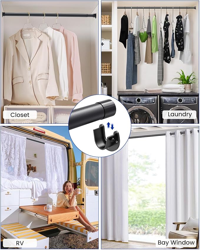 Supforce 2 PACK Closet Rods for Hanging Clothes, 17 to 28 Inches Stepless Adjustable Metal Closet Rod, 1.3 Inches Heavy Duty Clothes Hanging Rod for Closet Wardrobes Laundry RV, Black