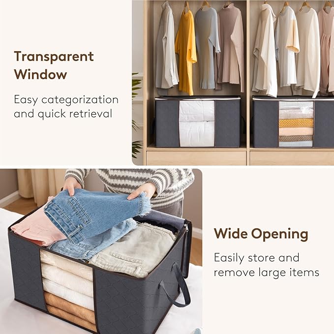 Lifewit 10 Pack 60L Clothes Storage Bins with Lids, Foldable Blanket Storage Bags with Zippers, Clear Window and Reinforced Handles, Closet and Organization for Clothing, Sweater, Comforter, Bedding