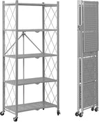 BRIAN & DANY 5-Tier Foldable Storage Shelves with Wheels, Folding Metal Rack Shelving Unit, Heavy Duty No Assembly Organizer Shelf for Garage, Kitchen, Basement, Pantry, Gray