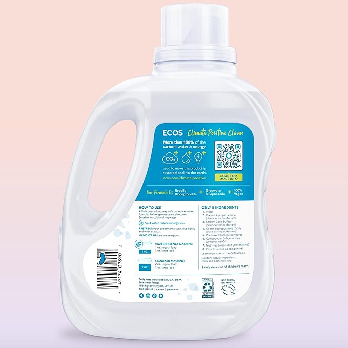 ECOS Laundry Detergent Liquid, 200 Loads - Dermatologist Tested Laundry Soap - Hypoallergenic, EPA Safer Choice Certified, Plant-Powered - Lemongrass, 100 Fl Oz (Pack of 2)