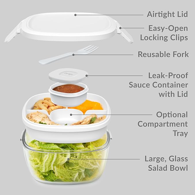 Bentgo Glass All-in-One Salad Container - Large 61-oz Salad Bowl with Lid, 4-Compartment Bento-Style Tray, 3-oz Sauce Container, and Reusable Fork - Dishwasher, Microwave, and Oven Safe (White)