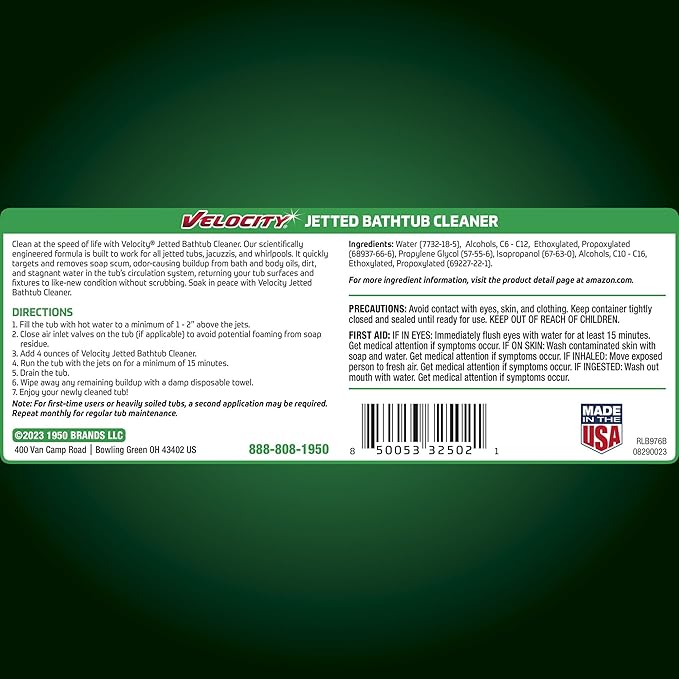 Velocity Jetted Bathtub Cleaner – Complete Jetted Tub, Jacuzzi & Whirlpool Cleaner Effectively Removes Soap Scum, Grime, and Biofilms from Jets, Pipes, & Tubes