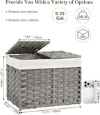 Storage Basket with Lid Woven Wicker Baskets with 2 Separate Lid, 9.2 Gallon (35 L) Wicker Storage Bins with Handles, Foldable and 2 Removable Liner Bags for Bedroom, Laundry Room Gray