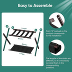 Smuxee Brown Bamboo Luggage Rack Pack of 2, Foldable Suitcase Stand with Storage Shelf, Easily Assembled Luggage Stand with 5 Nylon Straps for Guest Room Bedroom Hotel
