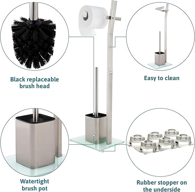 WC Set with roll Holder - White – Toilet Paper Holder - Stainless Steel – Glass Base –Dim.: 32x20x70cm– Easy Installation – Plus: 1+2 Extra Toilet Brush Heads for Exchange!