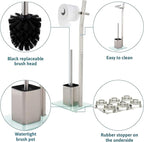 WC Set with roll Holder - White – Toilet Paper Holder - Stainless Steel – Glass Base –Dim.: 32x20x70cm– Easy Installation – Plus: 1+2 Extra Toilet Brush Heads for Exchange!