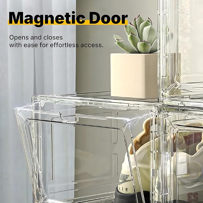 1 Pack Black Drop-Front Sneaker Box with Magnetic Door, Stackable Shoe Organizer for Closet or Room, Fits up to Size 13 – 13.5 x 10.55 x 7.5 In